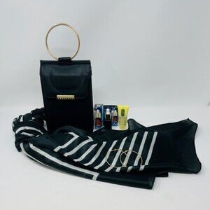 5 piece set- purse, scarf, earrings, Clinique moisturizer, ELauder serum